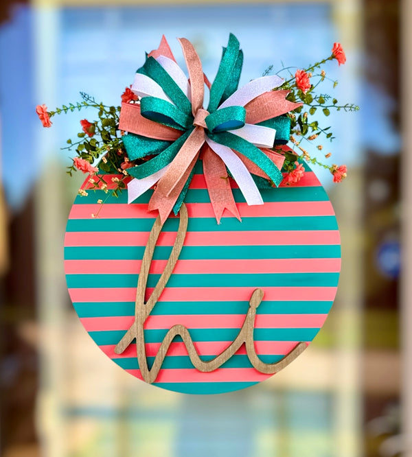 Coral & Teal Striped “Hi” Door Hanger