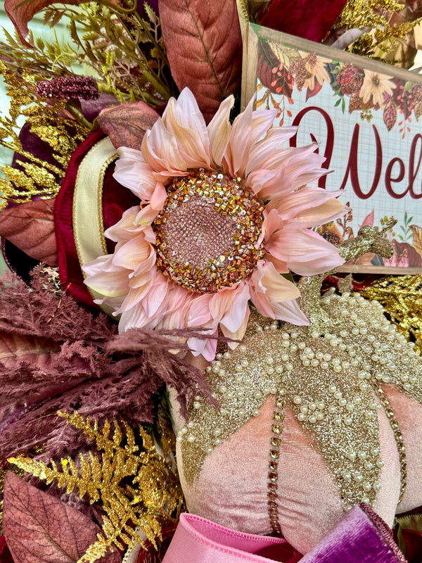 Blush & Burgundy Welcome Fall Door Swag with Velvet Pumpkins