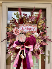 Blush & Burgundy Welcome Fall Door Swag with Velvet Pumpkins