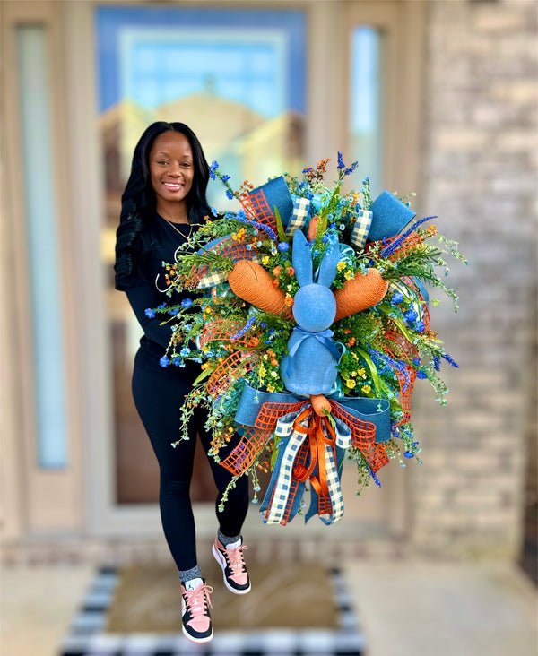 Rustic Blue Bunny & Carrots Easter Wreath