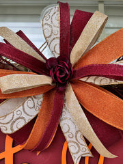 Hello Fall Burgundy & Gold Bow Door Hanger with Autumn Florals