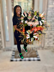 Pumpkin Welcome Wreath – Bold Black, Orange & Green Fall Door Decor