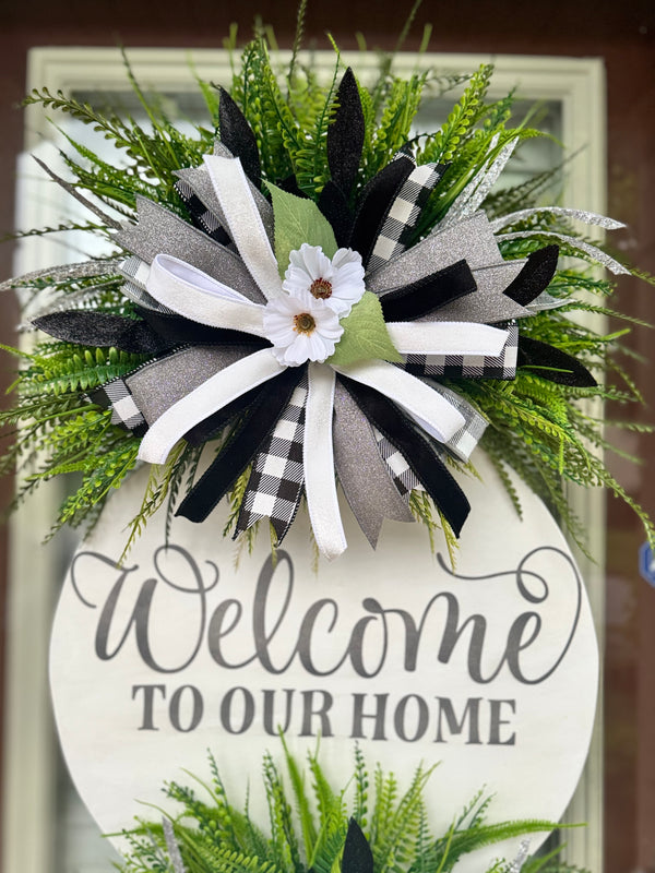 Black & White Welcome Door Hanger + Porch Sign Set