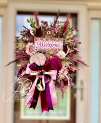 Blush & Burgundy Welcome Fall Door Swag with Velvet Pumpkins