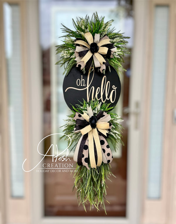 Oh, Hello Black & Natural Polka Dot Door Swag – Neutral Year-Round Welcome Décor