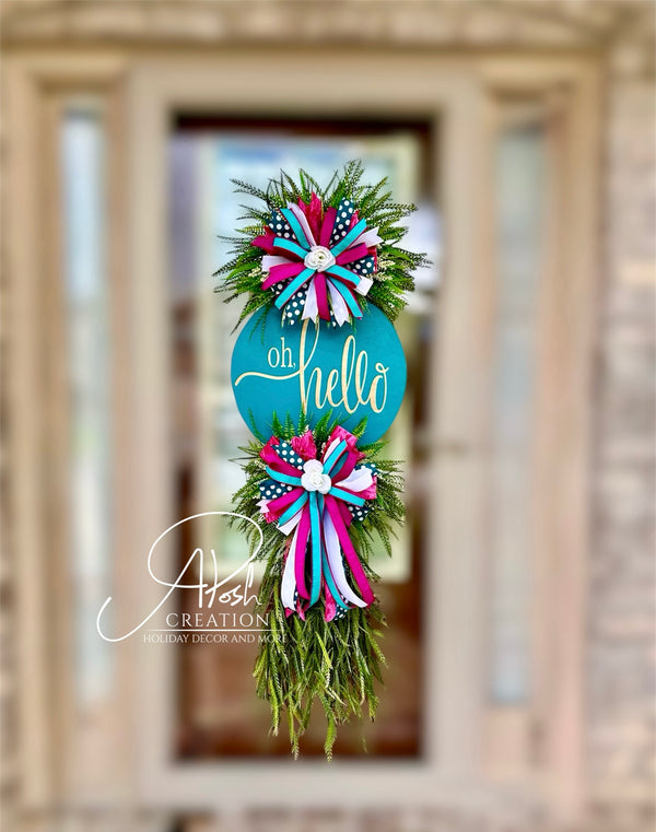 Oh, Hello Teal & Pink Door Swag – Whimsical Welcome Decor