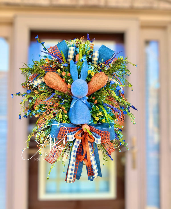 Rustic Blue Bunny & Carrots Easter Wreath