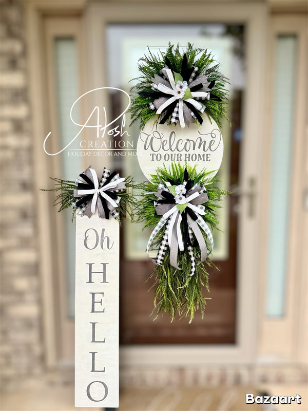 Black & White Welcome Door Hanger + Porch Sign Set