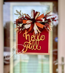 Hello Fall Burgundy & Gold Bow Door Hanger with Autumn Florals