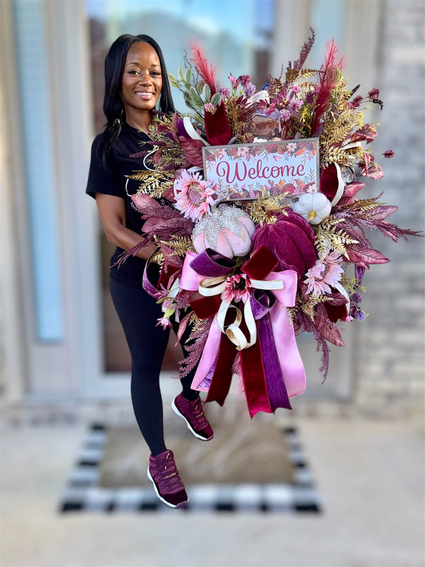 Blush & Burgundy Welcome Fall Door Swag with Velvet Pumpkins
