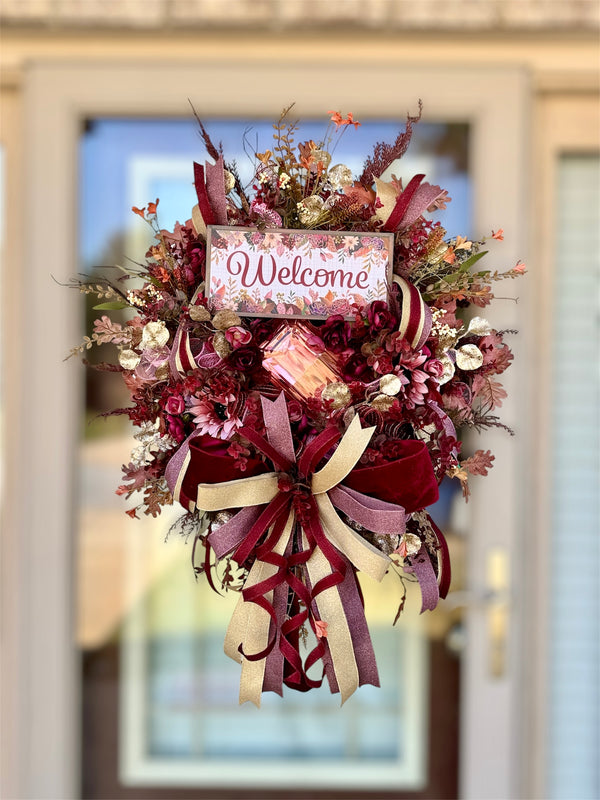 Elegant Burgundy & Gold Welcome Wreath with Florals and Bow