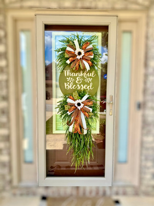 Thankful & Blessed Fall Door Swag – Vertical Greenery Wreath with Sunflower Accents