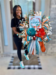 "Hey There Pumpkin" Teal & Orange Velvet Pumpkin Wreath with Polka Dot Ribbons