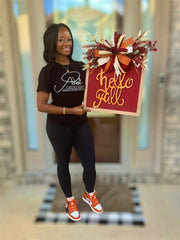 Hello Fall Burgundy & Gold Bow Door Hanger with Autumn Florals