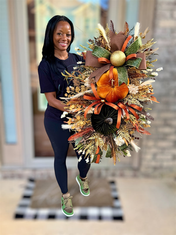 Elegant Autumn Pumpkin Swag with Velvet Pumpkins & Harvest Florals