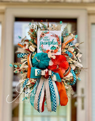 "Hey There Pumpkin" Teal & Orange Velvet Pumpkin Wreath with Polka Dot Ribbons