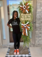 Thankful & Blessed Fall Door Swag – Vertical Greenery Wreath with Sunflower Accents